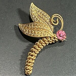 Vintage Czech Dragonfly Pink Glass Brooch